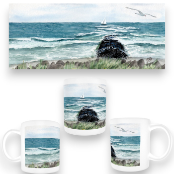 Tasse Becher Kaffeebecher Aquarell Maritim Kunst Druck Kunstdruck Nordsee Insel Baltrum Strand Dünen Meer