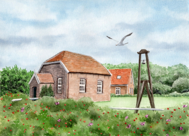 Postkarte DIN-A6 Aquarell Maritim Kunst Druck Kunstdruck Nordsee Insel Baltrum Kirche Inselglocke