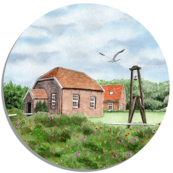 Untersetzer Glasuntersetzer rund 9,5 cm  Aquarell Maritim Kunst Druck Kunstdruck Nordsee Insel Baltrum Kirche Inselglocke