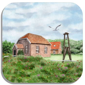 Untersetzer Glasuntersetzer 9,5 x 9,5 cm  Aquarell Maritim Kunst Druck Kunstdruck Nordsee Insel Baltrum Kirche Inselglocke