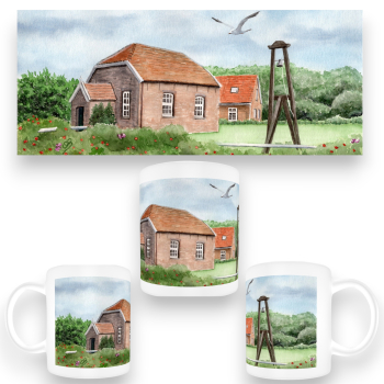 Tasse Becher Kaffeebecher Aquarell Maritim Kunst Druck Kunstdruck Nordsee Insel Baltrum Kirche Inselglocke