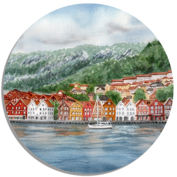 Untersetzer Glasuntersetzer rund 9,5 cm Aquarell Kunst Druck Kunstdruck Norwegen Norge Norway Bergen Bryggen - NO8