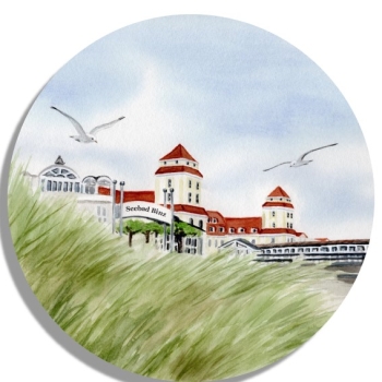 Untersetzer Glasuntersetzer rund 9,5 cm   Aquarell Maritim Kunst Druck Kunstdruck Ostsee Rügen Binz1 - Kurhaus Binz