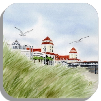 Untersetzer Glasuntersetzer 9,5 x 9,5 cm  Aquarell Maritim Kunst Druck Kunstdruck Ostsee  Rügen Binz1 - Kurhaus Binz