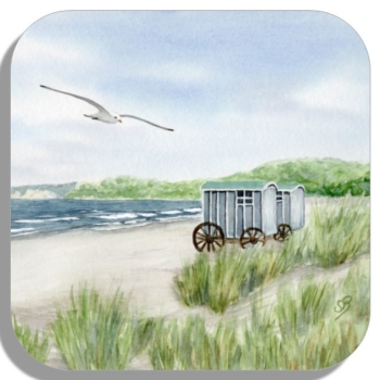 Untersetzer Glasuntersetzer 9,5 x 9,5 cm  Aquarell Maritim Kunst Druck Kunstdruck Ostsee  Rügen Binz 2 - Badekarre - Strandsauna