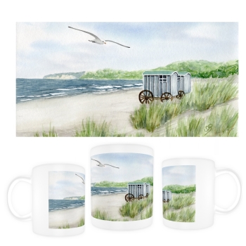 Tasse Becher Kaffeebecher Aquarell Maritim Kunst Druck Kunstdruck Ostsee Rügen Binz 2 - Badekarre - Strandsauna