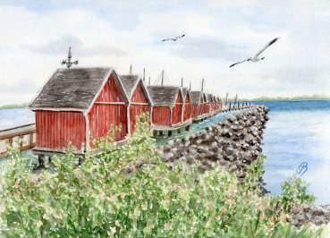 Postcard DIN-A6 Watercolor Maritime Art Print Baltic Sea - Fishermen's Houses in Boltenhagen Harbor