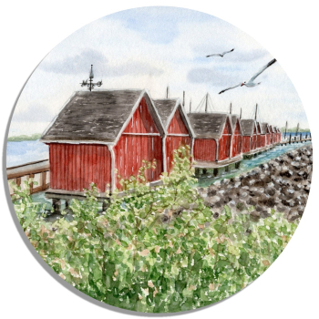Coasters glass coasters 9,5 x  9,5 cm Watercolor Maritime Art Print Baltic Sea -  Fishermen's Houses in Boltenhagen Harbor