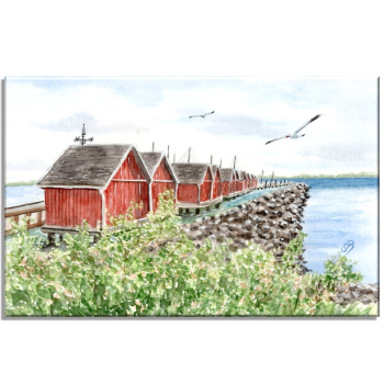 Stretcher frame canvas 30 x 20 cm linen Watercolor Maritime Art Print Baltic Sea - Fishermen's Houses in Boltenhagen Harbor
