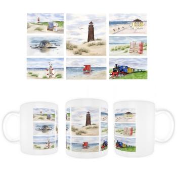 Cup Coffee Cup Mug Watercolor Maritime Art Print North Sea Island Borkum Beach Chair Lighthouse Ocean Dunes