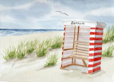 Poster DIN-A3 Aquarell Maritim Kunst Druck Kunstdruck Nordsee Insel Borkum Strandzelt Zelt Strandkorb Strand Meer Dünen