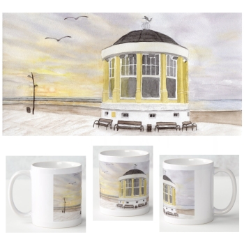 Tasse Becher Kaffeebecher Aquarell Maritim Kunst Druck Kunstdruck Nordsee Pavillon Musikpavillon Insel Borkum Meer Strand