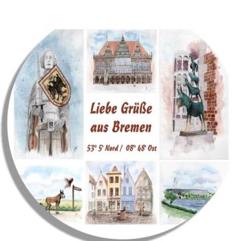 Untersetzer Glasuntersetzer rund 9,5 cm Aquarell Maritim Kunst Druck Kunstdruck Bremen Bremer Stadtmusikanten Collage Dom Rathaus Souvenir Souvenirs