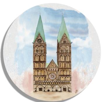 Untersetzer Glasuntersetzer rund 9,5 cm Aquarell Maritim Kunst Druck Kunstdruck Bremen Bremer Dom Souvenir Souvenirs