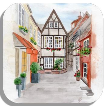 Untersetzer Glasuntersetzer 9,5 x 9,5 cm Aquarell Maritim Kunst Druck Kunstdruck Bremen Bremer Schnoor Gasse Nordsee Souvenir Souvenirs