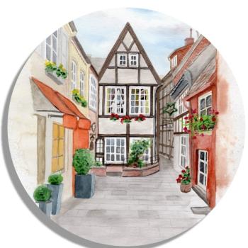 Untersetzer Glasuntersetzer rund 9,5 cm Aquarell Maritim Kunst Druck Kunstdruck Bremen Bremer Schnoor Gasse Nordsee Souvenir Souvenirs