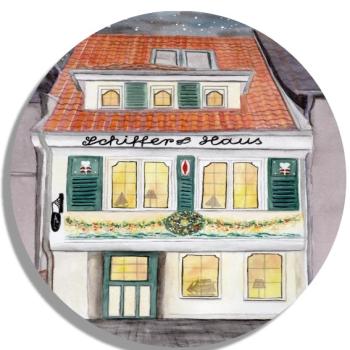 Untersetzer Glasuntersetzer rund 9,5 cm Aquarell Maritim Kunst Druck Kunstdruck Bremen Bremer Schnoor Gasse Nordsee Souvenir Souvenirs Schifferhaus