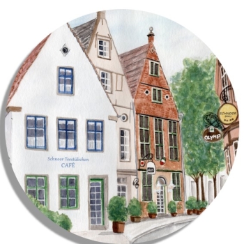 Untersetzer Glasuntersetzer rund 9,5 cm Aquarell Maritim Kunst Druck Kunstdruck Bremen Bremer Schnoor Gasse Nordsee Souvenir Souvenirs