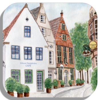 Untersetzer Glasuntersetzer 9,5 x 9,5 cm Aquarell Maritim Kunst Druck Kunstdruck Bremen Bremer Schnoor Gasse Nordsee Souvenir Souvenirs