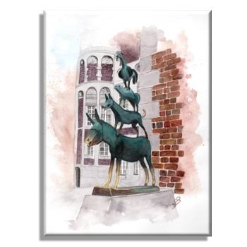 Leinwand 30 x 20 cm Keilrahmen Canvas-Leinen Aquarell Maritim Kunst Druck Kunstdruck Bremen Bremer Stadtmusikanten Nordsee Souvenir Souvenirs