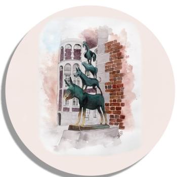 Untersetzer Glasuntersetzer rund 9,5 cm Aquarell Maritim Kunst Druck Kunstdruck Bremen Bremer Stadtmusikanten Nordsee Souvenir Souvenirs