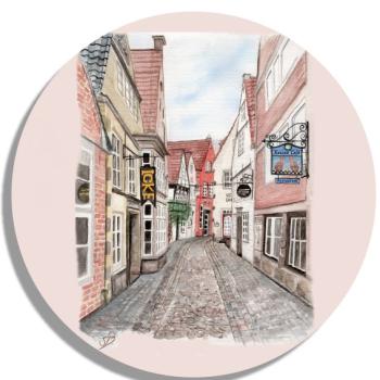 Untersetzer Glasuntersetzer rund 9,5 cm Aquarell Maritim Kunst Druck Kunstdruck Bremen Bremer Schnoor Gasse Nordsee Souvenir Souvenirs
