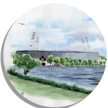 Untersetzer Glasuntersetzer rund 9,5 cm Aquarell Maritim Kunst Druck Kunstdruck Werder Bremen Bremer Weserstation Fußball Stadion