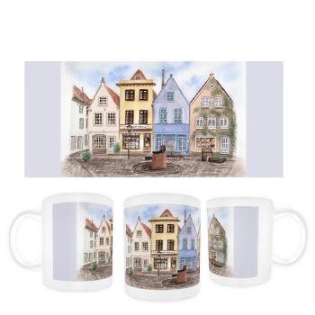 Tasse Becher Kaffeebecher Aquarell Maritim Kunst Druck Kunstdruck Bremen Bremer Schnoor Gasse Nordsee Souvenir Souvenirs