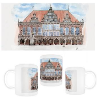 Tasse Becher Kaffeebecher Aquarell Maritim Kunst Druck Kunstdruck Bremen Bremer Rathaus Nordsee Souvenir Souvenirs