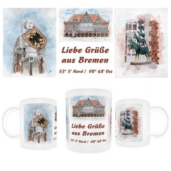 Tasse Becher Kaffeebecher Aquarell Maritim Kunst Druck Kunstdruck Bremen Bremer Stadtmusikanten Collage Dom Rathaus Souvenir Souvenirs