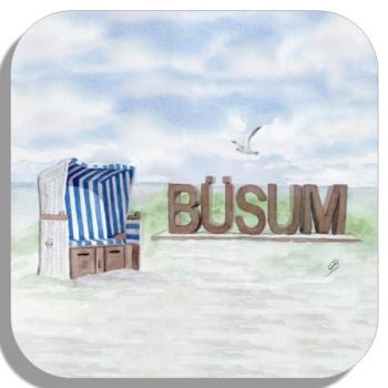 Untersetzer Glasuntersetzer 9,5 x 9,5 cm Aquarell Maritim Kunst Druck Kunstdruck Nordsee Büsum Strandkorb Strand Meer
