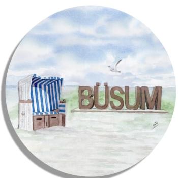 Untersetzer Glasuntersetzer rund 9,5 cm Aquarell Maritim Kunst Druck Kunstdruck Nordsee Büsum Strandkorb Strand Meer