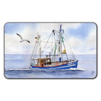 Frühstücksbrettchen Brettchen Aquarell Maritim Kunst Druck Kunstdruck Nordsee Cuxhaven Fischerboot Kutter Fischkutter blau Meer Boot Möwen