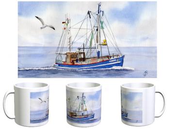 Tasse Becher Kaffeebecher Aquarell Maritim Kunst Druck Kunstdruck Nordsee Cuxhaven Fischerboot Kutter Fischkutter blau Meer Boot Möwen