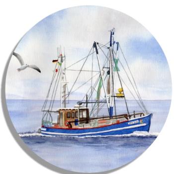 Untersetzer Glasuntersetzer rund 9,5 cm Aquarell Maritim Kunst Druck Kunstdruck Nordsee Cuxhaven Fischerboot Kutter Fischkutter blau Meer Boot Möwen