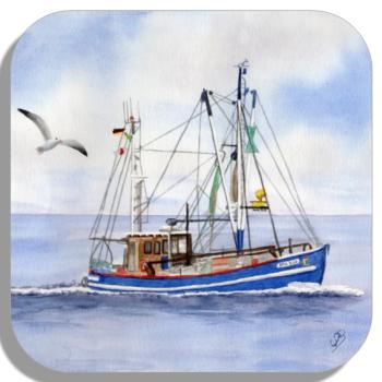 Untersetzer Glasuntersetzer 9,5 x 9,5 cm Aquarell Maritim Kunst Druck Kunstdruck Nordsee Cuxhaven Fischerboot Kutter Fischkutter blau Meer Boot Möwen