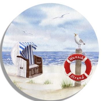 Untersetzer Glasuntersetzer rund 9,5 cm Aquarell Maritim Kunst Druck Kunstdruck Nordsee Cuxhaven Strandkorb Strand Meer Möwe