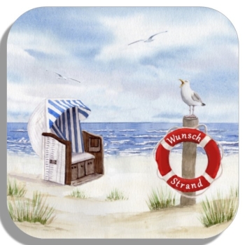Untersetzer Glasuntersetzer 9,5 x 9,5 cm Aquarell Maritim Kunst Druck Kunstdruck Nordsee Cuxhaven Strandkorb Strand Meer Möwe