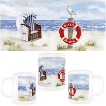 Tasse Becher Kaffeebecher  Aquarell Maritim Kunst Druck Kunstdruck Nordsee Cuxhaven Strandkorb Strand Meer Möwe