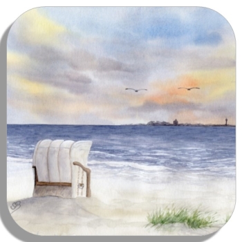 Untersetzer Glasuntersetzer 9,5 x 9,5 cm Aquarell Maritim Kunst Druck Kunstdruck Nordsee Cuxhaven Duhnen Strandkorb Strand Meer Sonnenuntergang