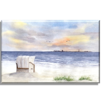 Leinwand 30 x 20 cm Keilrahmen Canvas-Leinen Aquarell Maritim Kunst Druck Kunstdruck Nordsee Cuxhaven Duhnen Strandkorb Strand Meer Sonnenuntergang