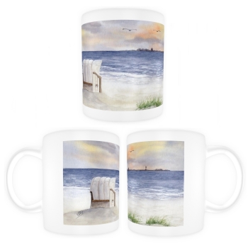 Tasse Becher Kaffeebecher  Aquarell Maritim Kunst Druck Kunstdruck Nordsee Cuxhaven Duhnen Strandkorb Strand Meer Sonnenuntergang