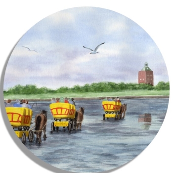 Untersetzer Glasuntersetzer rund 9,5 cm Aquarell Maritim Kunst Druck Kunstdruck Nordsee Cuxhaven Watt Wattwagen Kutsche Pferdekutsche Insel Neuwerk
