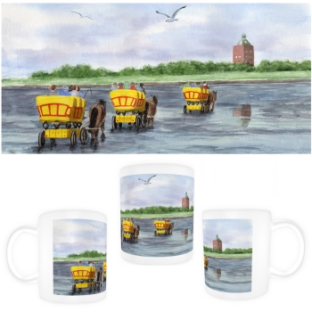 Tasse Becher Kaffeebecher Aquarell Maritim Kunst Druck Kunstdruck Nordsee Cuxhaven Watt Wattwagen Kutsche Pferdekutsche Insel Neuwerk