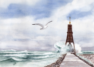 Folienmagnet Aquarell Maritim Kunst Druck Kunstdruck Nordsee Cuxhaven Insel Neuwerk Möwe Watt Meer Bake