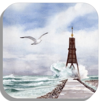 Untersetzer Glasuntersetzer 9,5 x 9,5 cm Aquarell Maritim Kunst Druck Kunstdruck Nordsee Cuxhaven Insel Neuwerk Möwe Watt Meer Bake