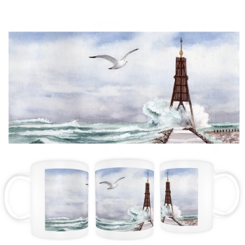 Tasse Becher Kaffeebecher Aquarell Maritim Kunst Druck Kunstdruck Nordsee Cuxhaven Insel Neuwerk Möwe Watt Meer Bake