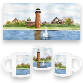 Tasse Becher Kaffeebecher Aquarell Maritim Kunst Druck Kunstdruck Nordsee Cuxhaven Leuchtturm Alte Liebe