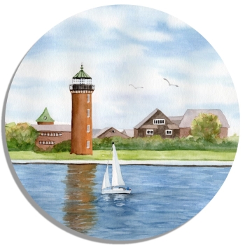 Untersetzer Glasuntersetzer rund 9,5 cm Aquarell Maritim Kunst Druck Kunstdruck Nordsee Cuxhaven Leuchtturm Alte Liebe