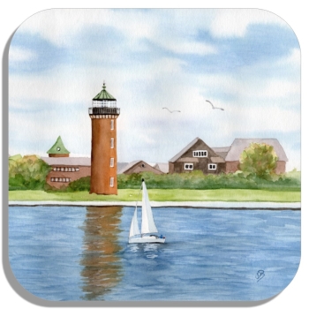 Untersetzer Glasuntersetzer 9,5 x 9,5 cm Aquarell Maritim Kunst Druck Kunstdruck Nordsee Cuxhaven Leuchtturm Alte Liebe